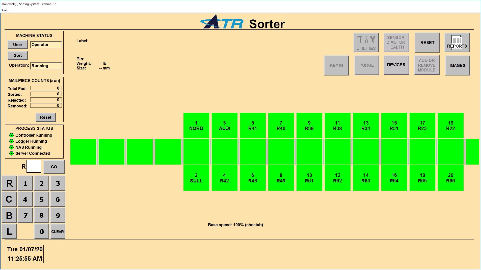 RollerBall sorter main screen